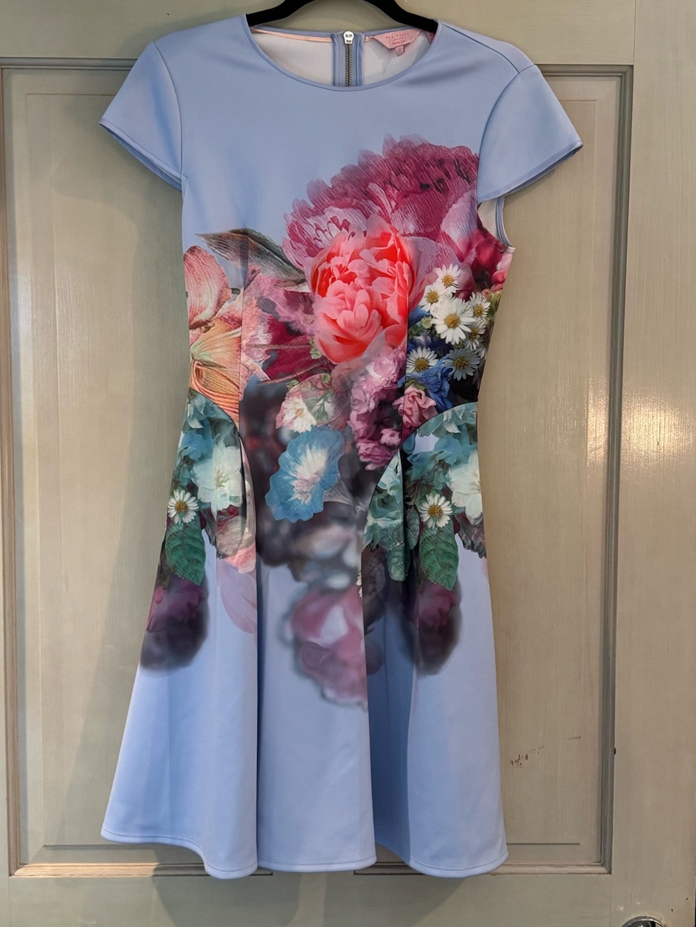 Ted Baker 'Bowkay' skater dress, vibrant floral Bouquet print on light blue